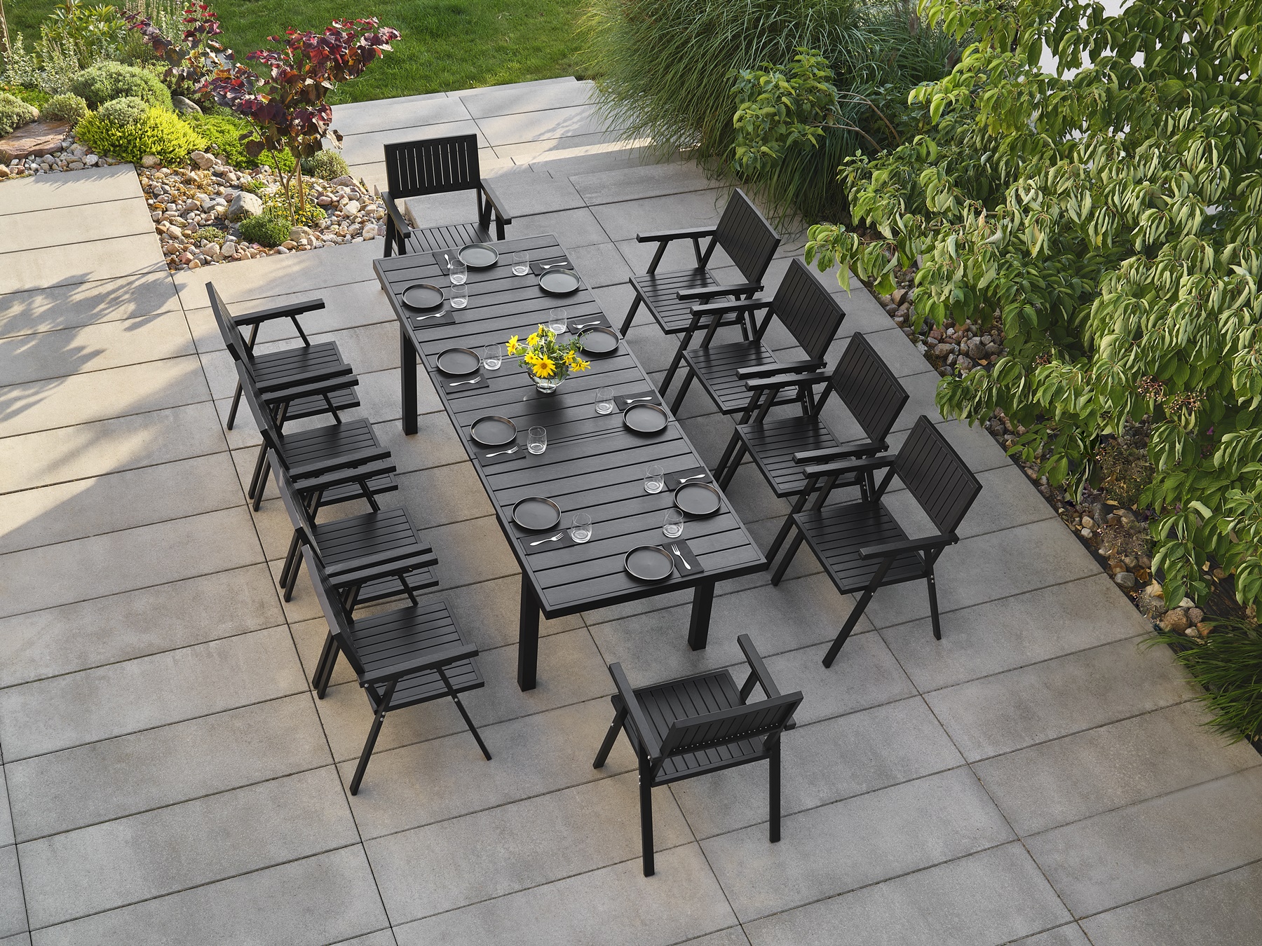 Gartenmöbel Set mit 10 Stühlen Outdoor Essgruppe Sitzgruppe Schwarz Ausziehbar