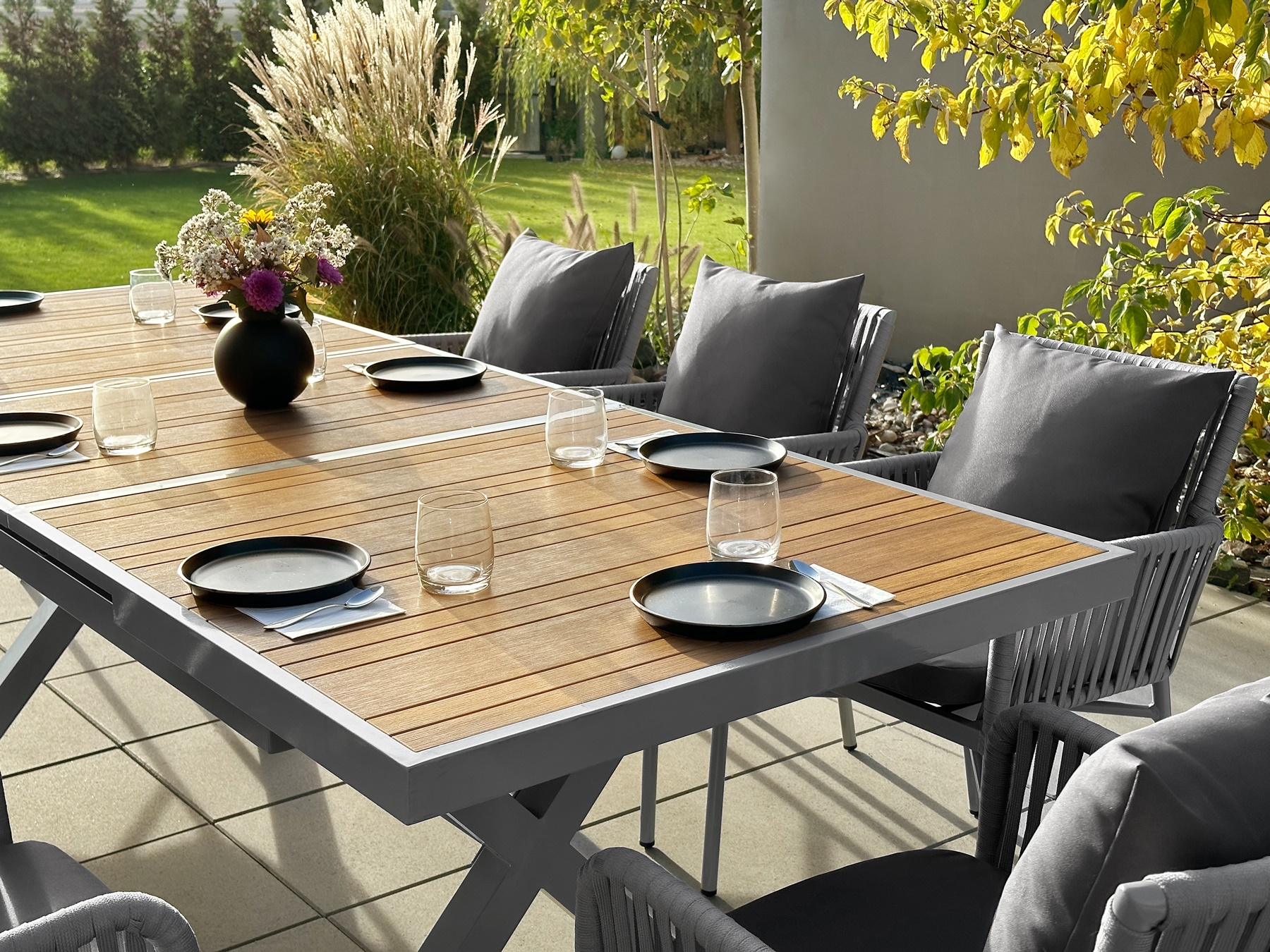 8+1 Sitzgruppe Gartenmöbel, Ausziehbar Tisch, KOMPOSIT-TISCH Stuhl GRAU 180/240