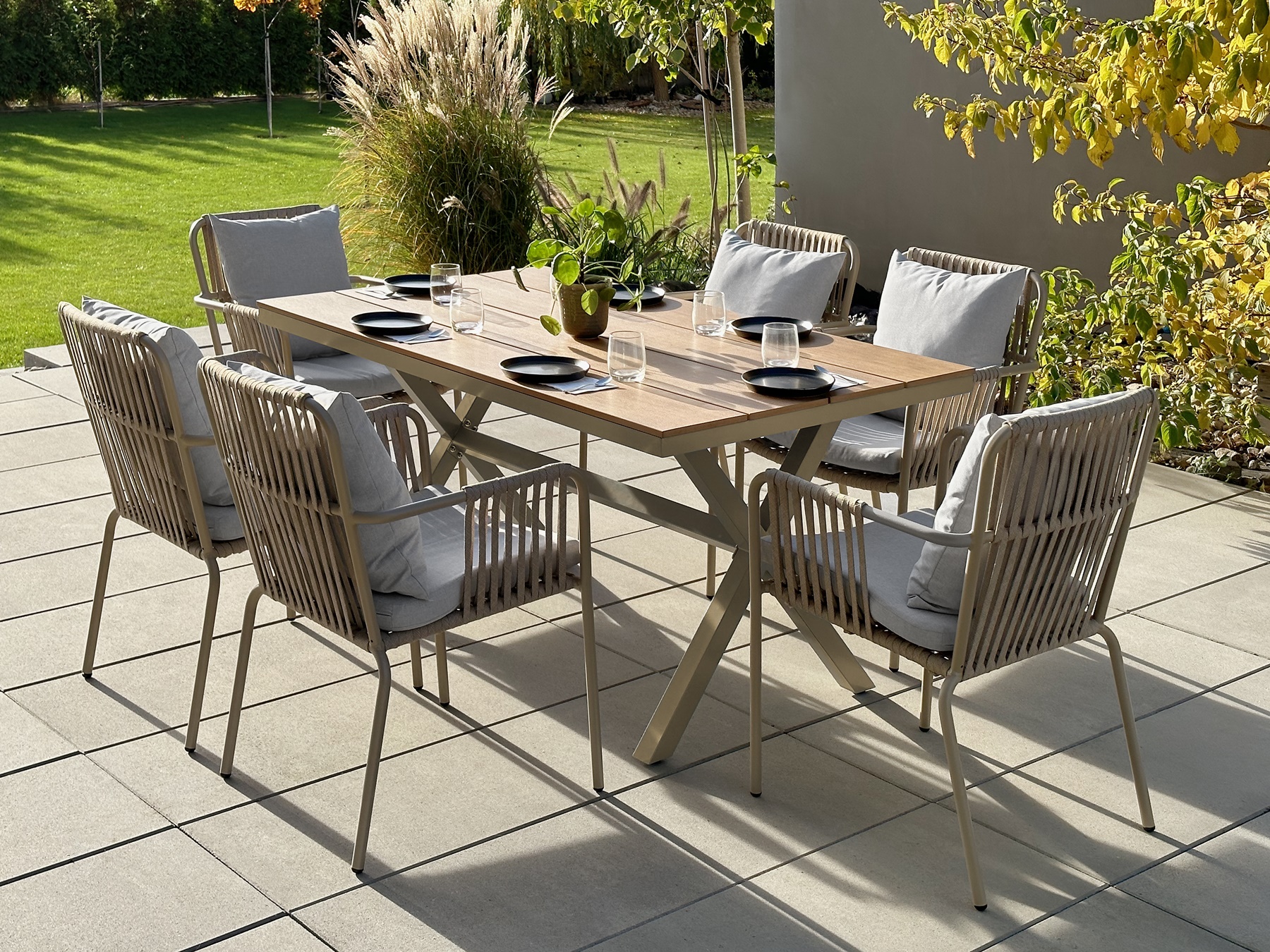 Gartenmöbelgruppe 6+1, Gartenset, Tisch und Stühle, 90x150x75 Hellgraue Kissen