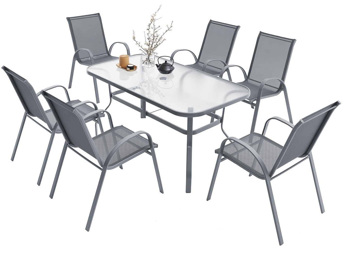 7 Stück Garten Set Tisch und 6 Stühle Möbelset stapelbare Stühle graues